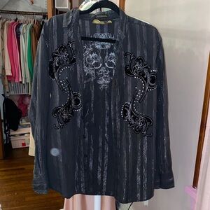 Grunge rugged Black Button-Up Shirt with Silver Embroidery